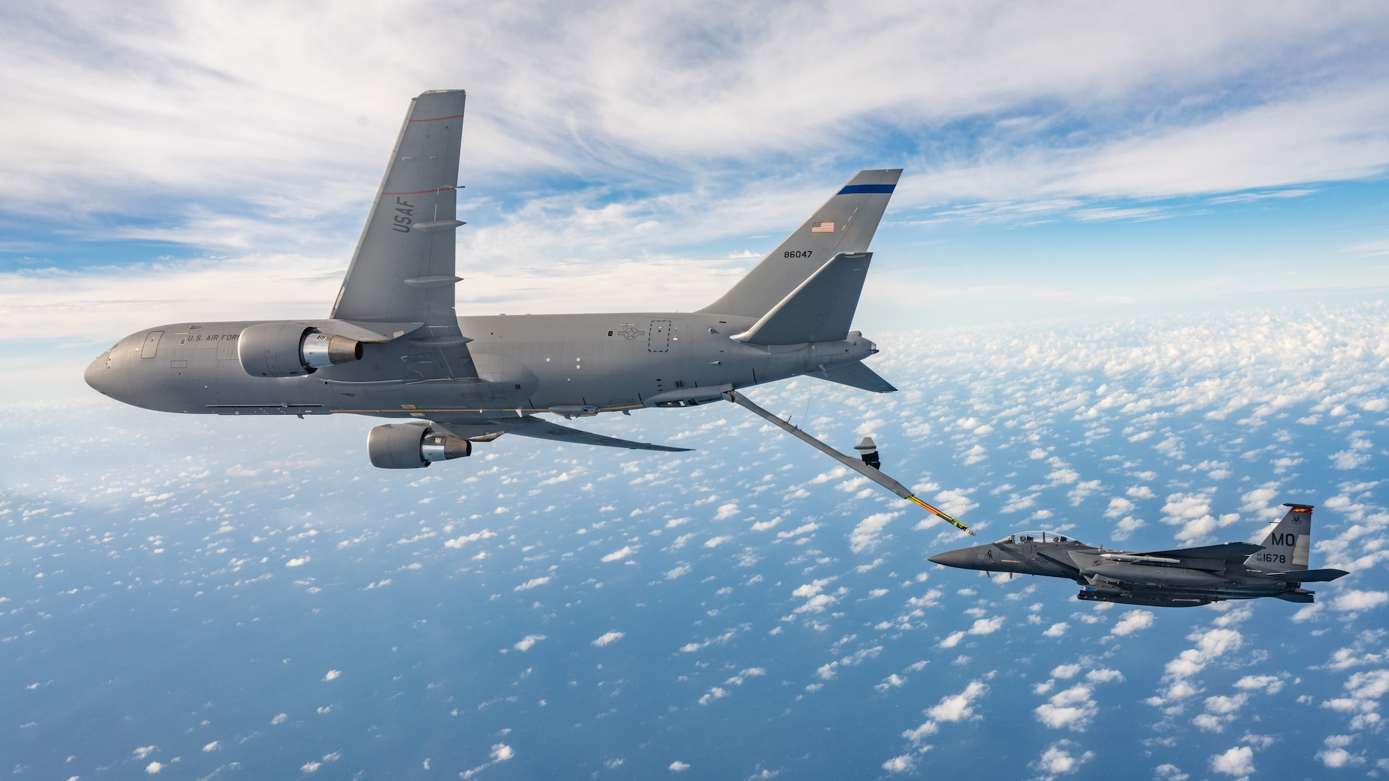 389th Fighter Squadron F-15E Strike Eagle refuels with a KC-46A during Checkered Flag 21-1.
