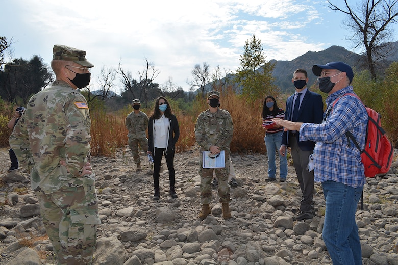 Jim Hutchison, U.S. Army Corps of Engineers Los Angeles District lead planner for the Malibu Ecosystem Restoration Project, right, discusses plans for the project with Maj. Gen. William “Butch” Graham, deputy commanding general for civil and emergency operations, U.S. Army Corps of Engineers Headquarters, left, during an Oct. 6 site tour of the project near Calabasas, California. Lt. Gen. Scott Spellmon, the Corps’ commanding general and 55th U.S. Army chief of engineers, signed the chief’s report for the project Nov. 13 at the Corps’ headquarters in Washington D.C., which now elevates the report to the Assistant Secretary of the Army for Civil Works, U.S. Office of Management and Budget, and to Congress for consideration of project authorization.