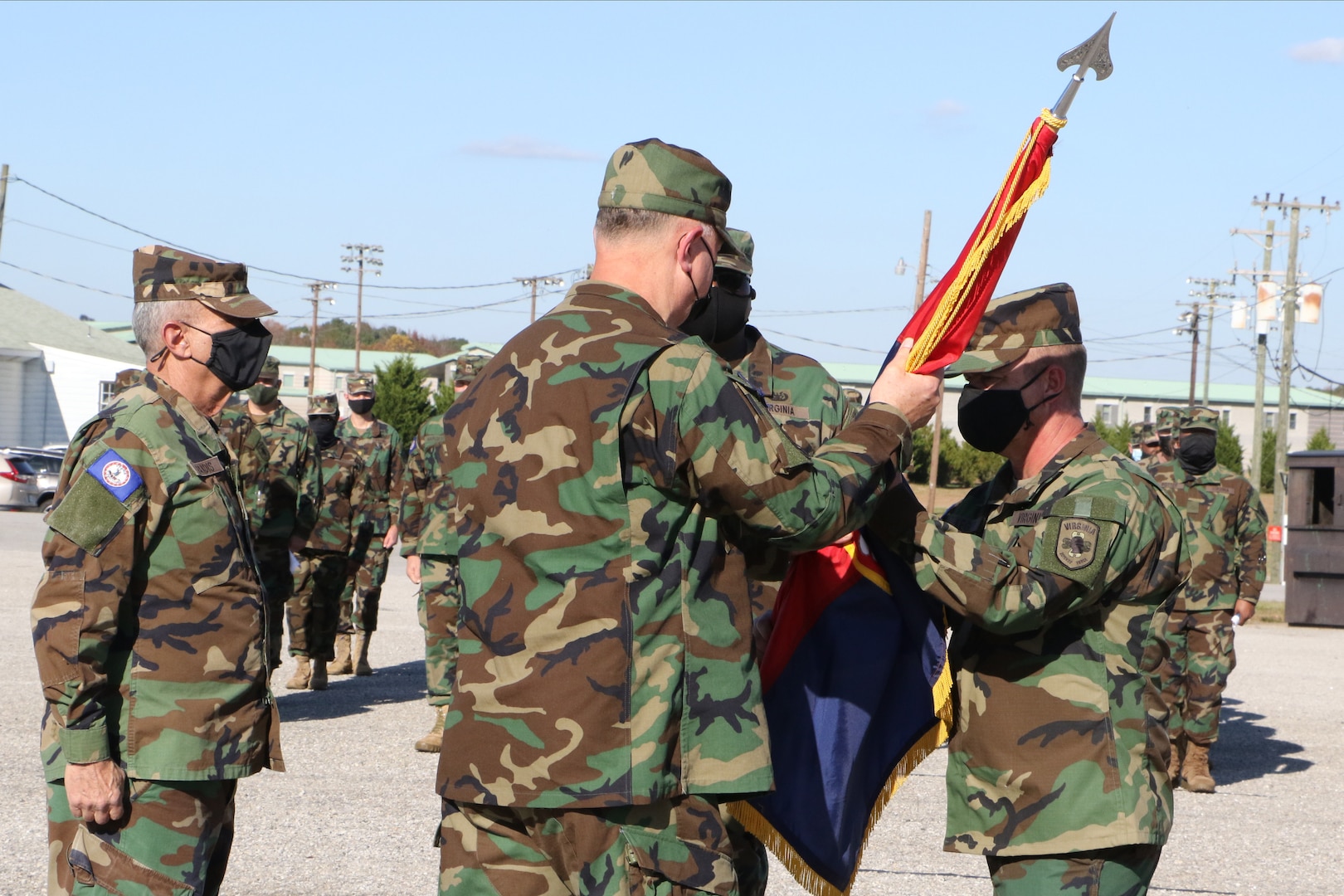 Command Sgt. Maj. Tony Kegley takes responsibility as the Virginia Defense Force command sergeant major from Command Sgt. Maj. Alan Grandis Nov. 7, 2020, at Fort Pickett, Virginia.