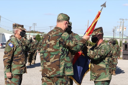 Command Sgt. Maj. Tony Kegley takes responsibility as the Virginia Defense Force command sergeant major from Command Sgt. Maj. Alan Grandis Nov. 7, 2020, at Fort Pickett, Virginia.