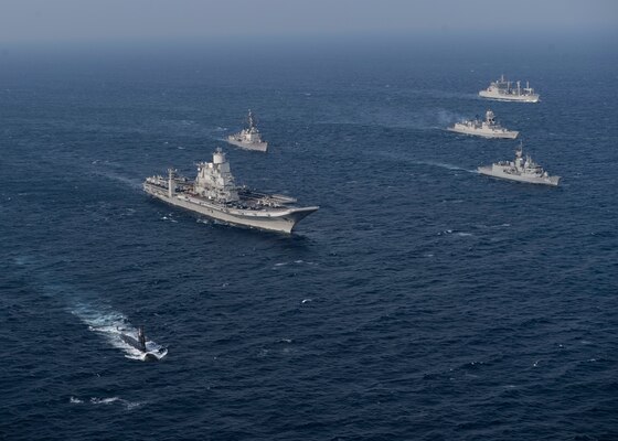 Ships from the Royal Australian navy, Indian navy, Japan Maritime Self-Defense Force, and the U.S. Navy participate in Malabar 2020.