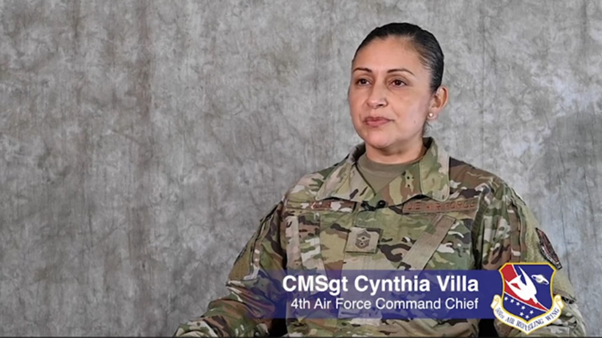 Chief Master Sgt. Cynthia Villa, 4th Air Force command chief, sits for an interview during a site visit with the 507th Air Refueling Wing Nov. 7, 2020, at Tinker Air Force Base, Oklahoma. (U.S. Air Force photo by Senior Airman Mary Begy)