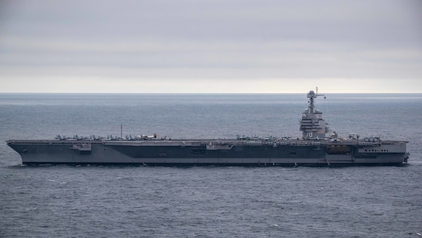 The aircraft carrier USS Gerald R. Ford (CVN 78) conducts cyclic flight operations while steaming in the Atlantic Ocean Nov. 13, 2020.