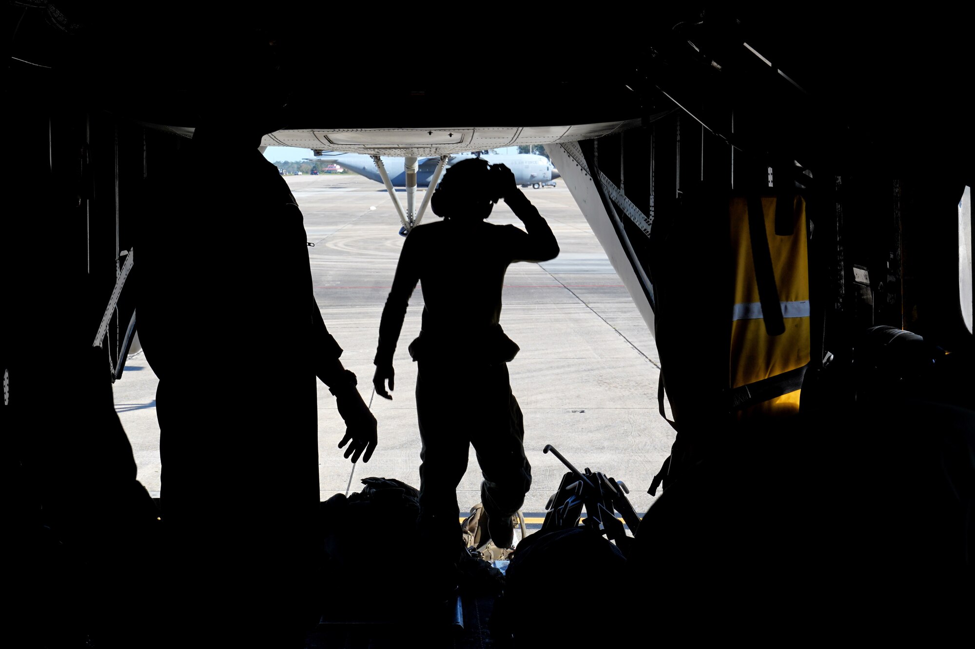 U.S. Marine Corps Marines enter a Sikorsky CH-53E Super Stallion on the flightline at Keesler Air Force Base, Mississippi, Nov. 17, 2020. Marines came to Keesler to conduct routine training operations in and around the Mississippi area. (U.S. Air Force photo by Airman 1st Class Seth Haddix)