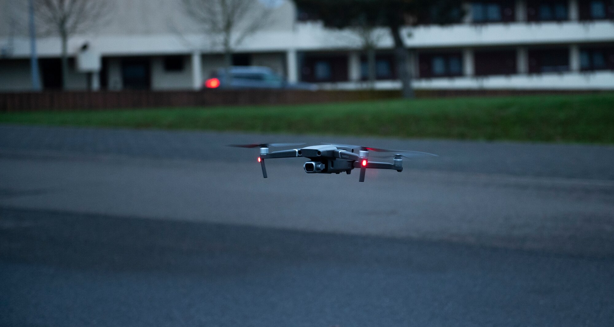 A drone used during a base readiness exercise hovers in mid air at Spangdahlem Air Base, Germany, Nov. 17, 2020. The base readiness exercise periodically used drones to test the capabilities of the drone-capturing technology systems on base. (U.S. Air Force photo by Senior Airman Ali Stewart)