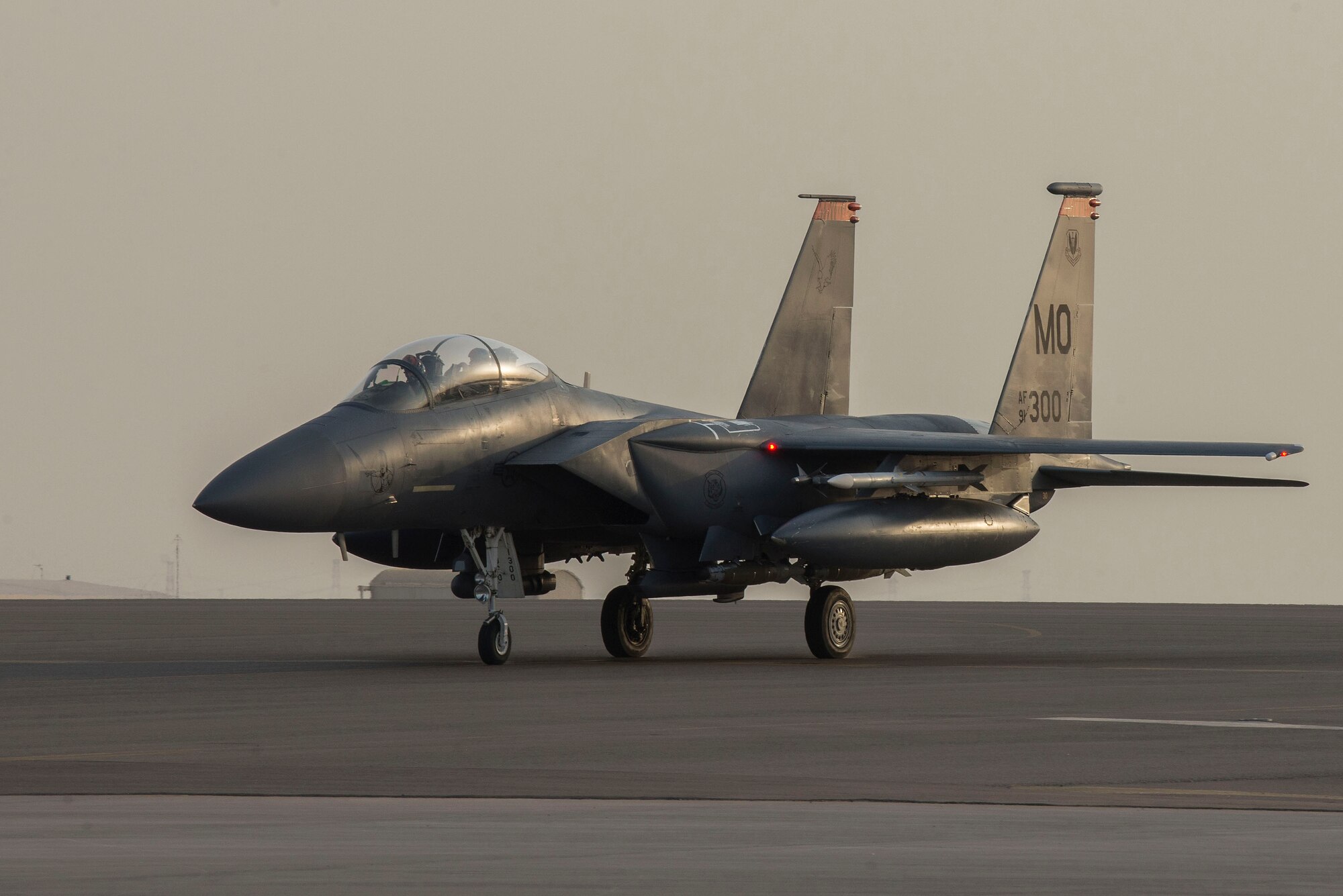 A U.S. Air Force F-15E Strike Eagle assigned to the 332nd Air Expeditionary Wing taxis on the flightline upon landing at Al Dhafra Air Base, United Arab Emirates, Nov. 17, 2020.