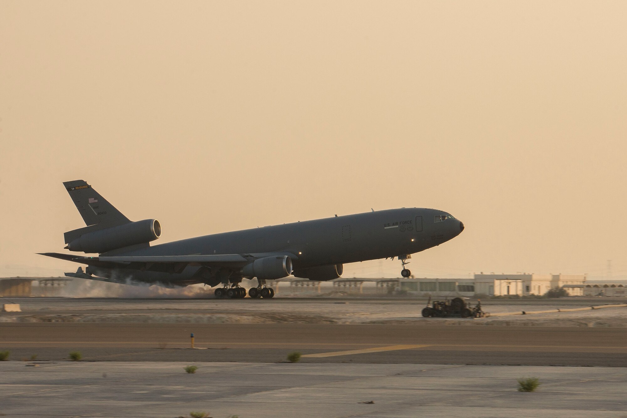 A U.S. Air Force KC-10 Extender assigned to the 908th Expeditionary Air Refueling Squadron lands on the flightline at Al Dhafra Air Base, United Arab Emirates, Nov. 16, 2020.