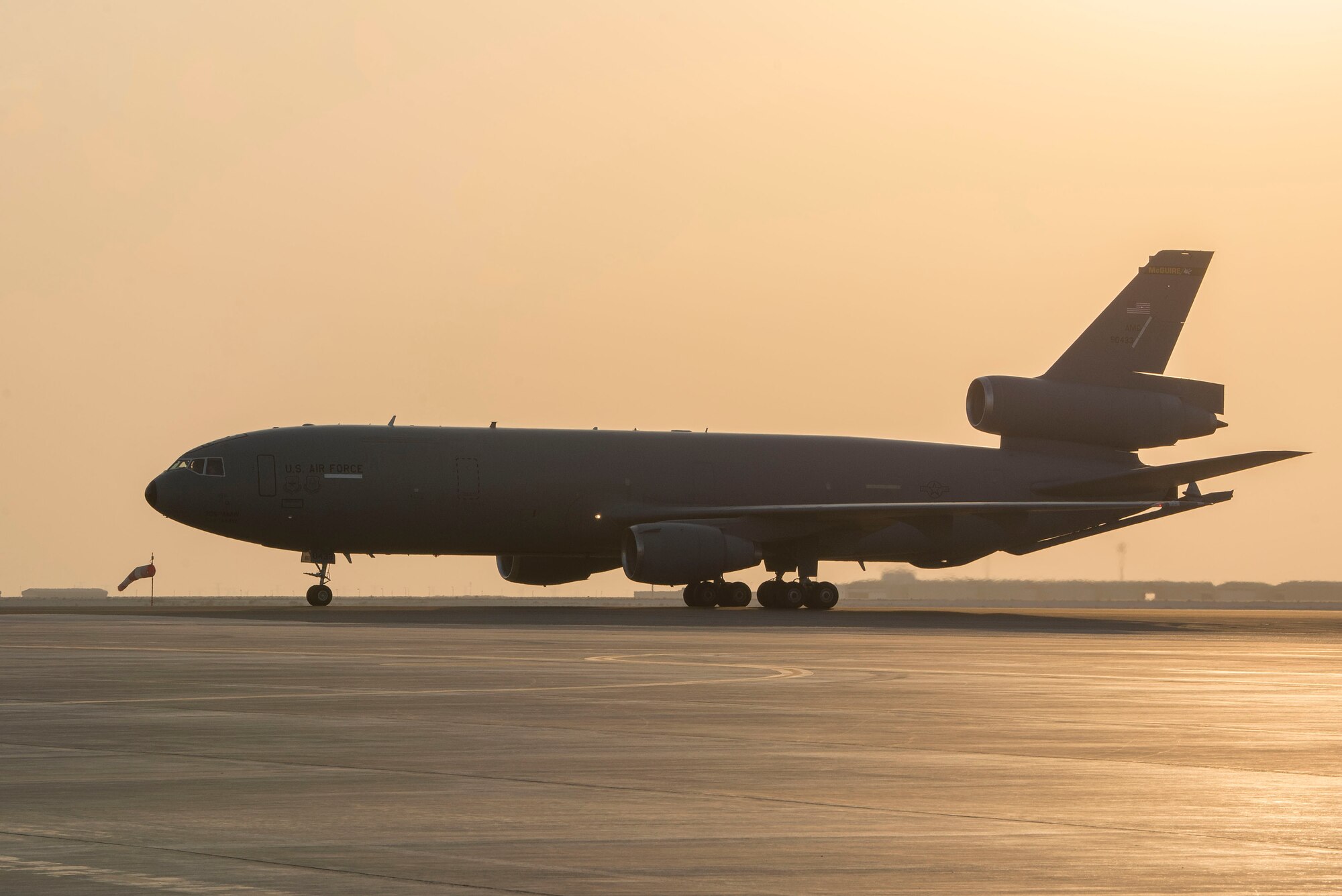 A U.S. Air Force KC-10 Extender assigned to the 908th Expeditionary Air Refueling Squadron taxis on the flightline upon landing at Al Dhafra Air Base, United Arab Emirates, Nov. 16, 2020.