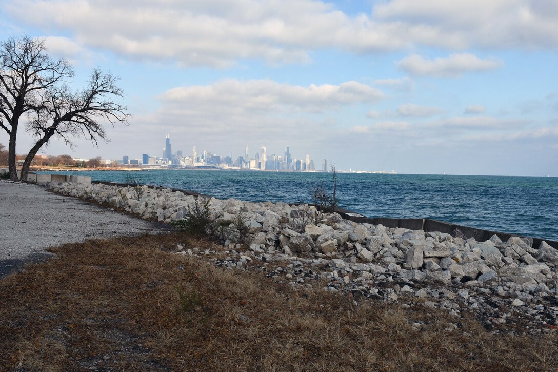Lake Michigan and Chicago skyline as seen from Morgan Shoal, Chicago, Nov. 13, 2020.