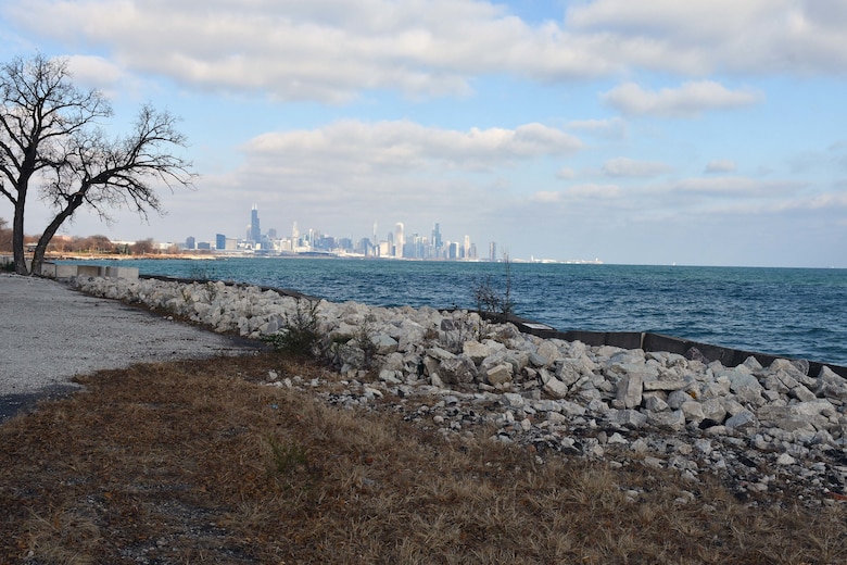 Lake Michigan and Chicago skyline as seen from Morgan Shoal, Chicago, Nov. 13, 2020.