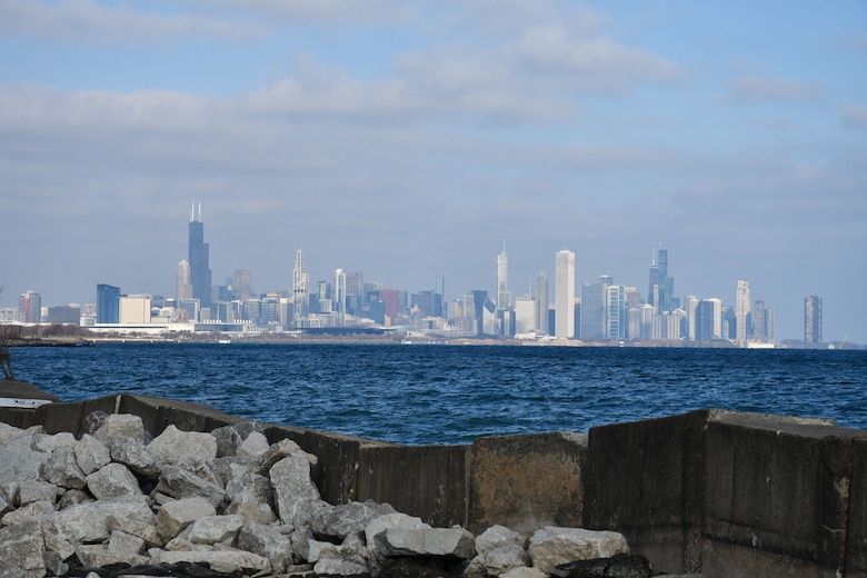 Lake Michigan and Chicago skyline as seen from Morgan Shoal, Chicago, Nov. 13, 2020.