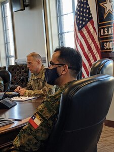 Maj. Gen. Daniel R. Walrath, left, U.S. Army South commanding general, addresses senior leaders of the Chilean Army at the conclusion of the 15th Annual U.S.-Chilean Army Staff Talks, held virtually from Nov. 16-18. Walrath signed a bilateral engagement plan that included more than 45 Agreed-to-Actions for the upcoming year to conduct various activities with each other’s army. Army South, the Army Service Component Command for U.S. Southern Command, conducts these staff talks on behalf of the Chief of Staff of the Army.