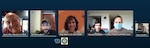 Screen capture of five employees and one family member taking part in a video conferencing call.