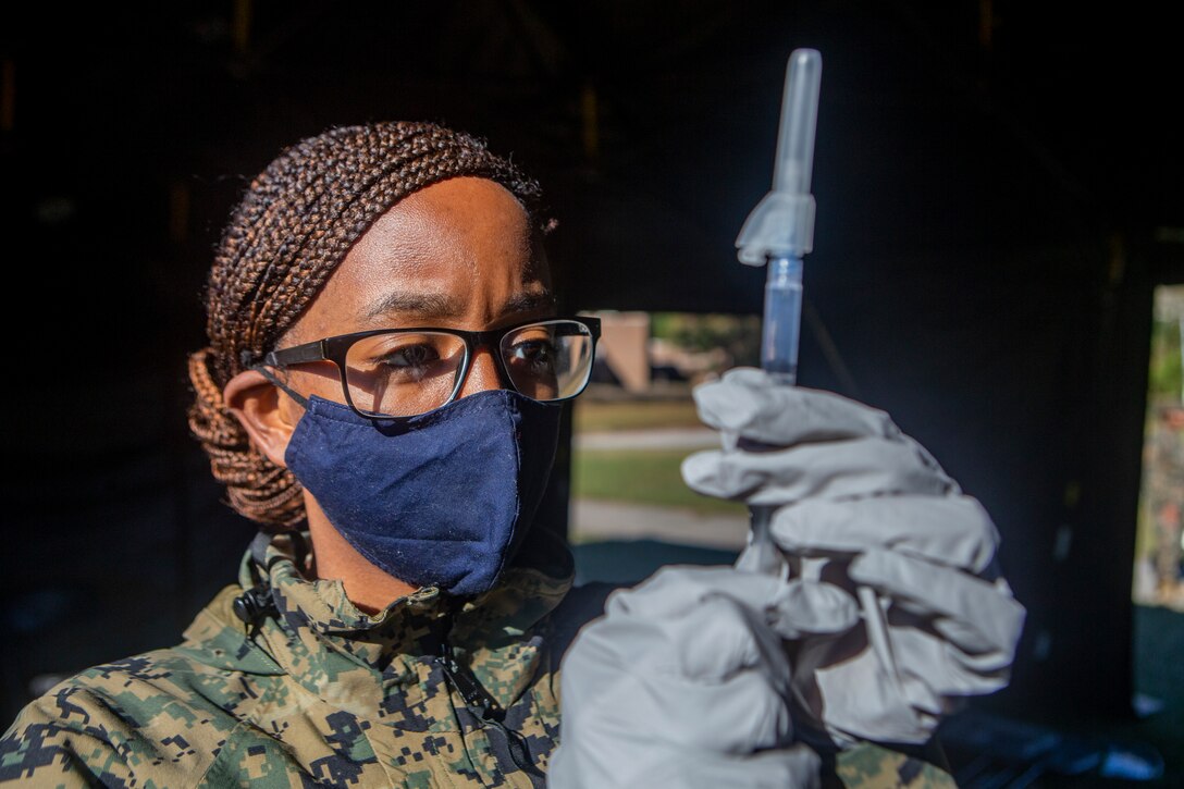 HN Teneva K. Wilkins, a Corpsman Alpha Surgical Company, 2d Medical Battalion, 2d MLG poses for a photo on Camp Lejeune, N.C, Nov. 11, 2020. “Hard work yields success.” said the native of Newark, N.J.  According to her leadership, HN Wilkins is currently supporting Expeditionary Operations Training Group (EOTG), II MEF.   She flawlessly provided 152 hours assisting in the preparation of role players and trauma effects mannequins for simulated casualties, which enhanced medical capability of assigned Corpsmen.  Additionally, HN Wilkins has been assisting in the evaluation of the training unit medical response capabilities, and providing line corpsman medical coverage.  Her support and expertise enabled EOTG staff to safely conduct multiple training operations including raids, emergency response drills, tactical recovery of aircraft and personnel, noncombatant evacuation operations, and mass casualty exercises.  
(U.S. Marine Corps photo by Lance Cpl. Scott Jenkins)