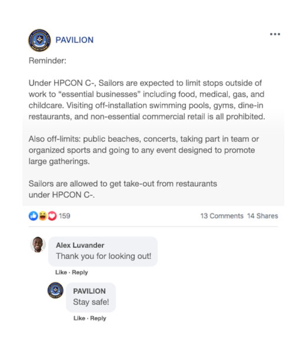 Mock Facebook post from PAVILION's account with a response that reads, "Alex Luvander Comment: Thank you for looking out! Official PAVILION page response: Stay safe!"