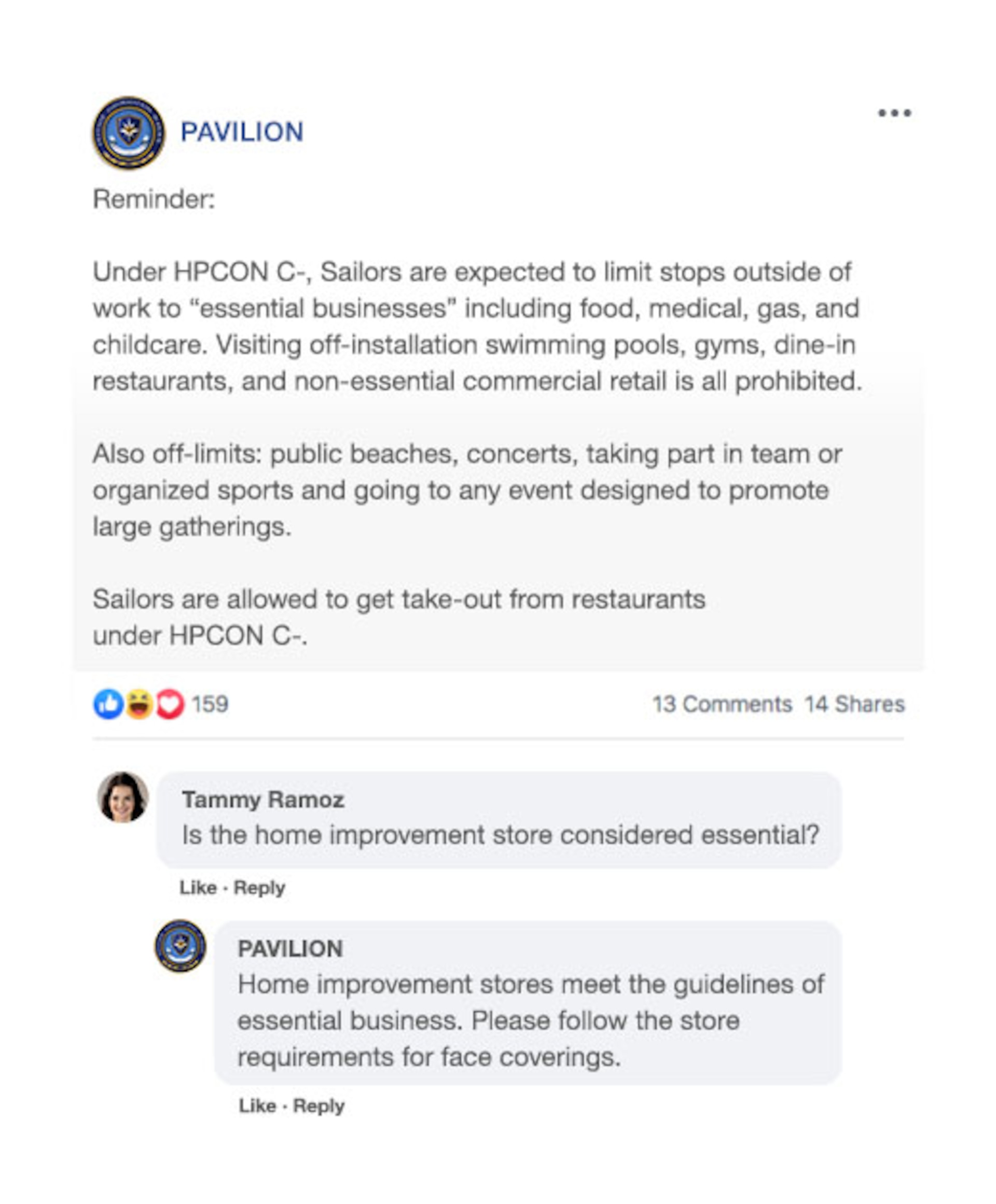 Mock Facebook post from PAVILION's account that reads, "Tammy Ramoz Comment: Is the home improvement store considered essential? Official PAVILION page reply: Home improvement stores meet the guidelines of essential business. Please follow the store requirements for face coverings."