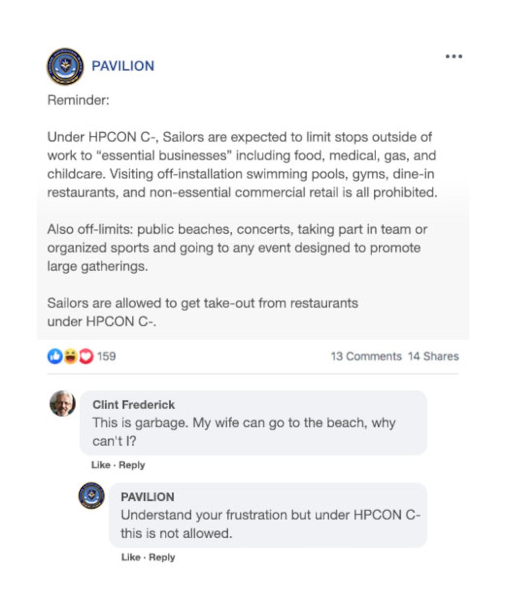 Mock Facebook post from PAVILION's account that reads, "Clint Frederick Comment: This is garbage. My wife can go to the beach, why can't I? Official PAVILION Page response: Understand your frustration but under HPCON C-this is not allowed."
