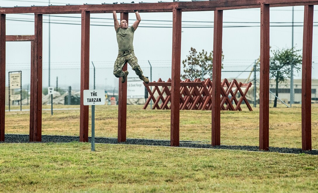 Master Sgt. Christopher Beversdorf, 330th Recruiting Squadron special warfare recruiter, ran the obstacle course in chilling temperatures during the 2020 Lightning Challenge at Fort Hood, Texas, Oct. 26, 2020. Lightning Challenge was a service-wide competition where teams of two Tactical Control Party Airmen specialists competed against each other to be named the best in the Air Force. Beversdorf, a TACP by trade uses his operational knowledge of the career-field to ensure recruits have the best information possible to make sound decision. 
(U.S. Air Force photo by Master Sgt. JT May III)