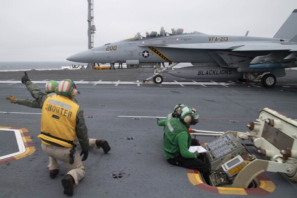 An F/A-18F Super Hornet attached to the "Blacklions" of Strike Fighter Squadron (VFA) 213, launches off the flight deck of the aircraft carrier USS Gerald R. Ford (CVN 78), Nov. 13, 2020.