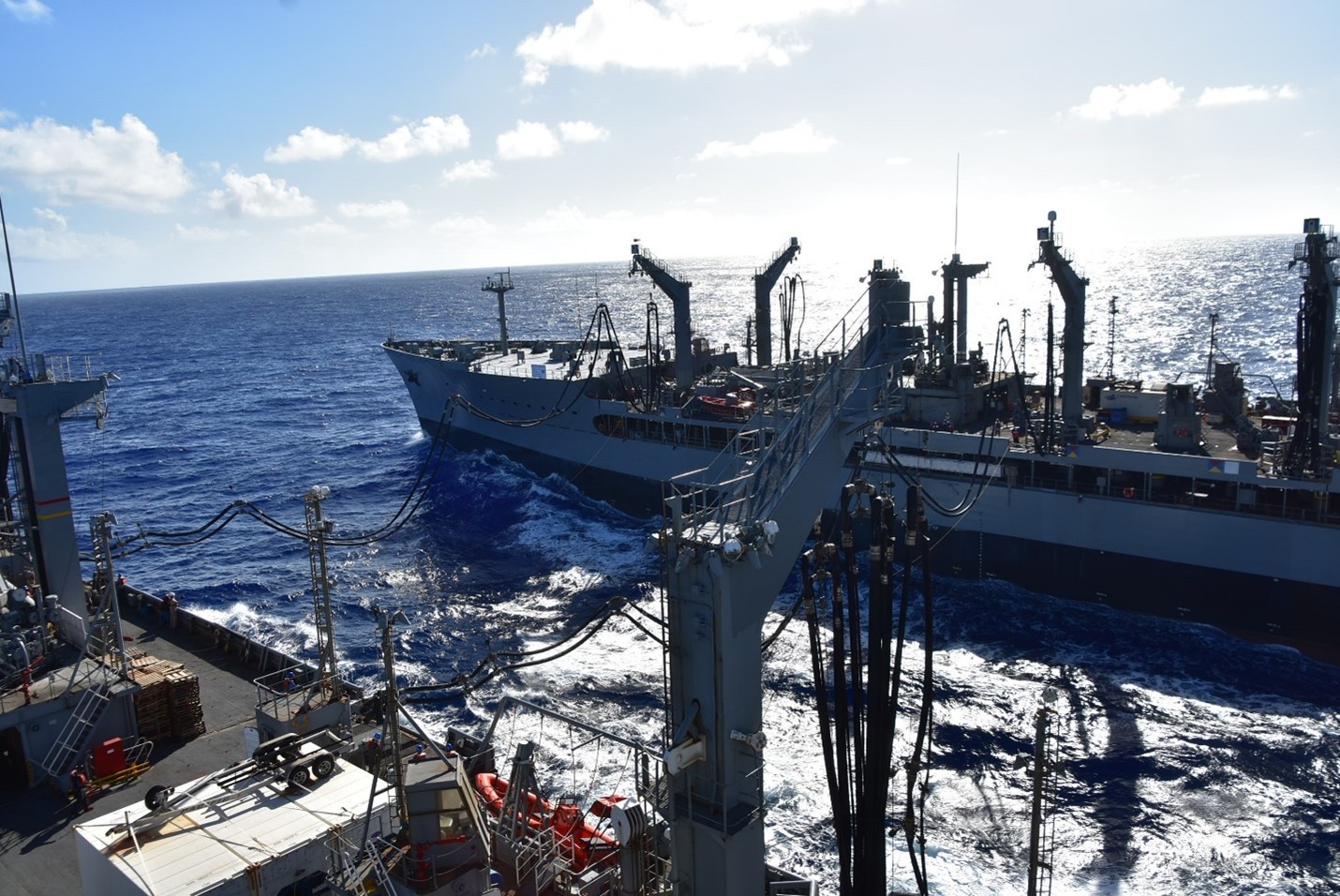 The Henry J. Kaiser-class fleet replenishment oiler USNS Big Horn (T-AO 198) prepares for an underway replenishment with USNS Tippecanoe (T-AO 199) as part of ship qualification trials.