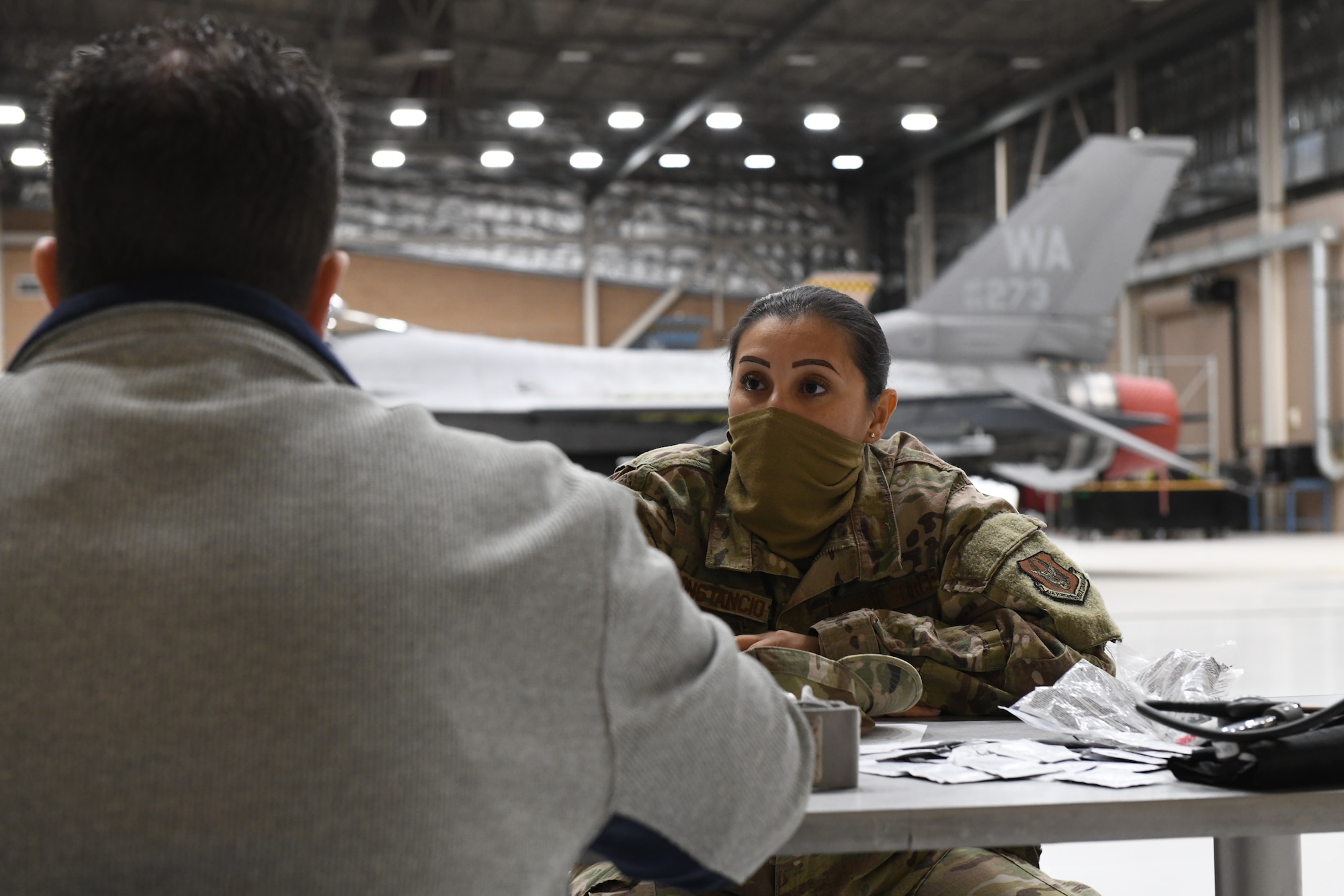 Tech. Sgt. Olivia Constancio, 926th Force Support Squadron services specialist, gets her physical health assessment done by Logistics Health Incorporated during the November Unit Training Assembly, Nov. 7, Nellis Air Force Base, Nev. (U.S. Air Force Photo by Senior Airman Brett Clashman)