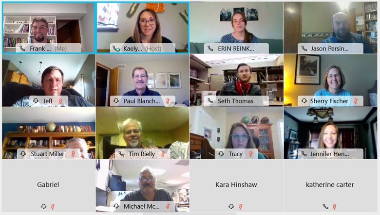 A group photo of a portion of the Project Delivery Team responsible for the Grand River Basin Study during a teleconference November 17, 2020. See the team members listed below:

1st row: Frank Nelson- Missouri Dept. of Conservation (MDC); Kaely Megaro- U.S. Army Corps of Engineers (USACE), Kansas City District, Lead Planner/Project Manager; Erin Reinkemeyer- USACE Hydrology & Hydraulics (H&H); Jason Persinger- MDC
2nd row: Jeff Tripe- USACE Environmental; Paul Blanchard- MDC; Seth Thomas- USACE Real Estate; Sherry Fischer- MDC 
3rd row: Stuart Miller- MDC; Tim Rielly- Missouri Dept. of Natural Resources (MoDNR); Tracy Brown- USACE – Geographic Information Systems (GIS); Jennifer Henggeler- USACE - Economist
4th row: Gabriel Dupree- Environmental Protection Agency (EPA); Michael McClure- MDC; Kara Hinshaw- USACE H&H; Katherine Carter- USACE Economist

Key Project Delivery Team members not pictured: 
USACE – Kansas City District: Michael Snyder, John Shelley, John Grothaus, Jason Farmer, David Nagy, Tim Meade
U.S. Fish and Wildlife Service (USFWS): Bryan Simmons, Josh Eash, James Stack
Missouri Dept. of Natural Resources (MoDNR): Tom Woodward, Charlie DuCharme, Christopher Crabtree, John Horton, Bryan Hopkins 
Missouri Dept. of Conservation (MDC): Chris Freeman, Doug Novinger, Thomas Huffmon
National Resource Conservation Service (NRCS): Steve Hefner