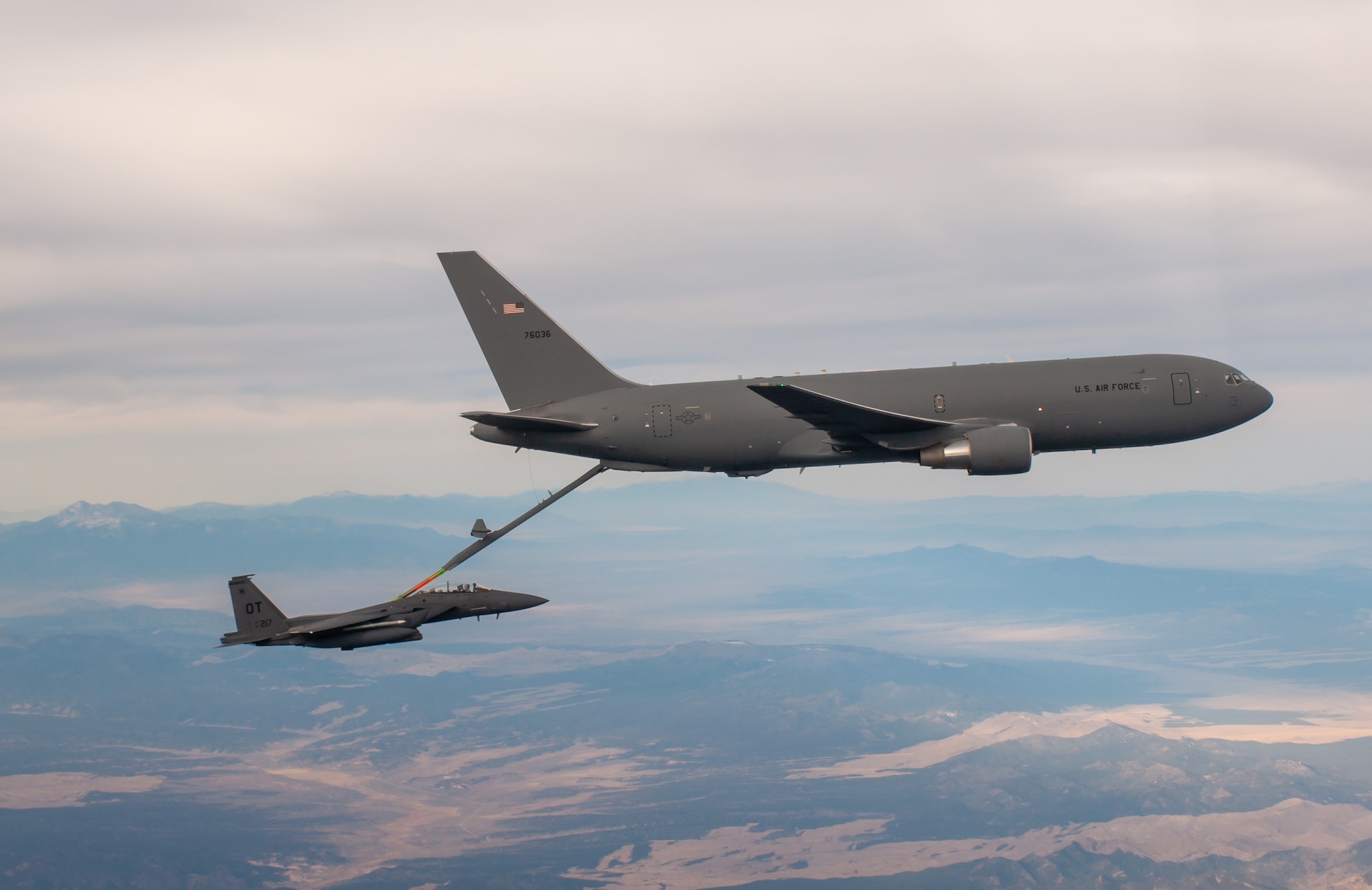 An F-15E refueling from a KC-46