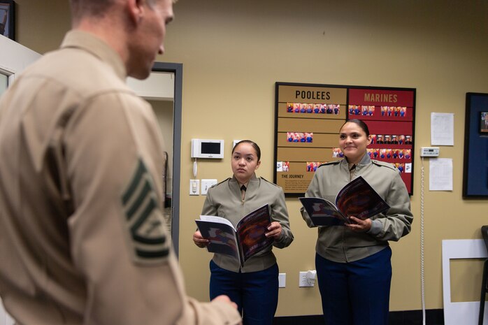 U.S. Marines receive a brief about their responsibilities from Recruiting Substation Woodbridge’s staff noncommissioned officer in charge, Gunnery Sgt. Jonathan Gwin, at RSS Stafford in Va., Nov. 17.