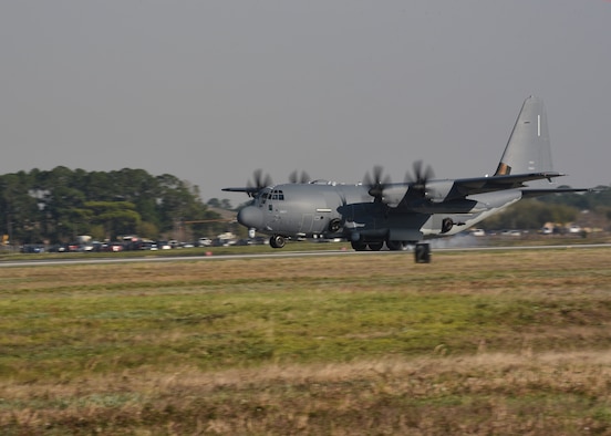 Air Force Special Operations Command’s first Block 30 AC-130J Ghostrider gunship arrives at Hurlburt Field, Florida, March 6, 2019.