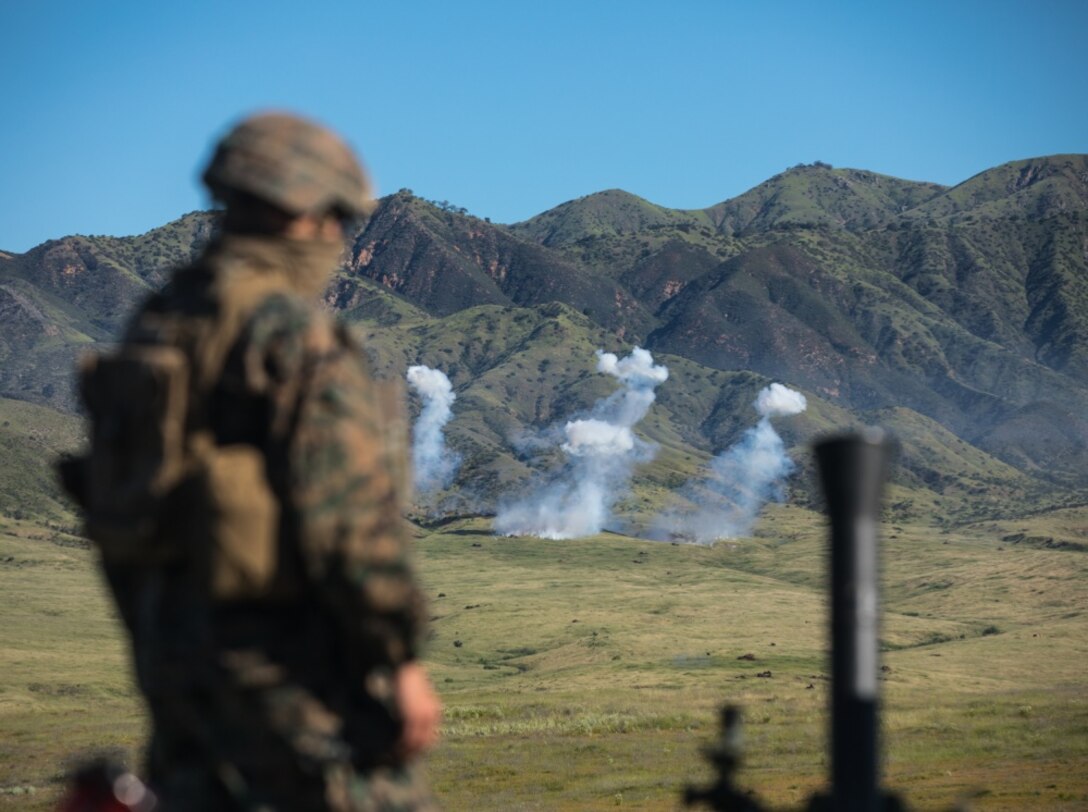 U.S. Marine Corps Pfc. Nathaniel J. Chavez, a mortarman with Weapons Company, 3rd Battalion, 1st Marine Regiment, 1st Marine Division, observes an M252 81mm mortar during a fire support team (FST) training exercise at Marine Corps Base Camp Pendleton, California, April 15, 2020. FST training gives the unit an opportunity to integrate indirect fire and close air support from the ground in support of artillery units. (U.S. Marine Corps photo by Cpl. Ana S. Madrigal)