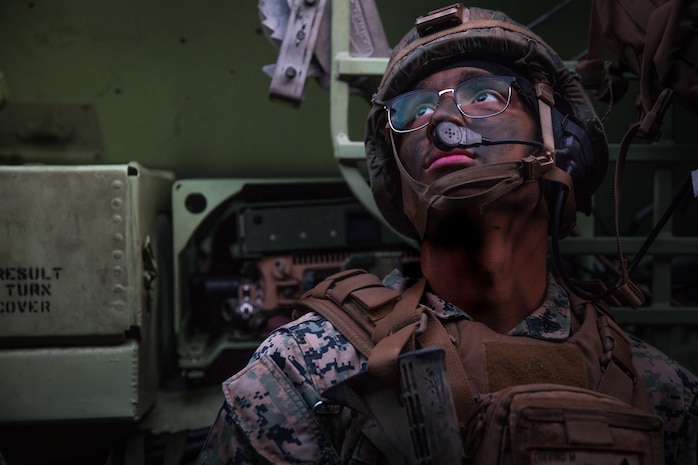 U.S. Marine Corps Cpl. Mark Trevino, a transmissions systems operator with 2nd Battalion, 4th Marine Regiment, 1st Marine Division conducts a mechanized raid at Marine Corps Base Camp Pendleton, California on Jan. 29, 2020.