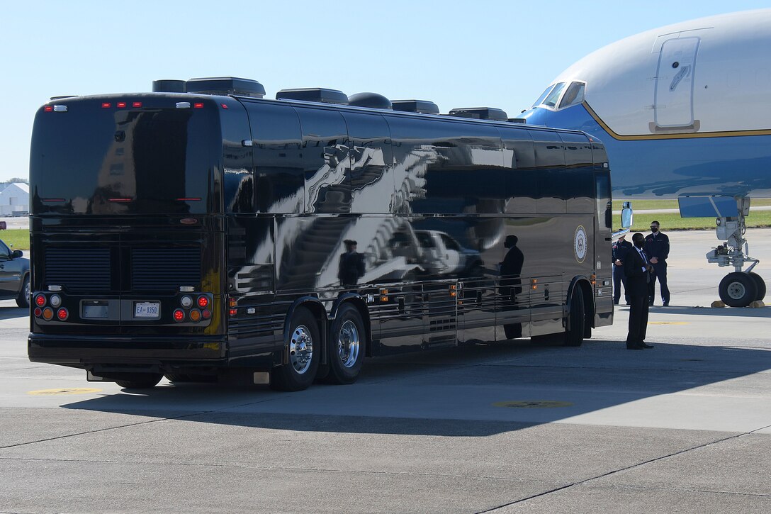 Vice President Mike Pence and U.S. Sens. David Perdue and Kelly Loeffler board a bus at Dobbins Air Reserve Base, Ga.shortly after the two senators greeted the vice president upon his arrival via Air Force Two, Nov. 20, 2020. The bus then headed to north Georgia where the Vice President was scheduled to speak at two different events (U.S. Air Force photo/Andrew Park)