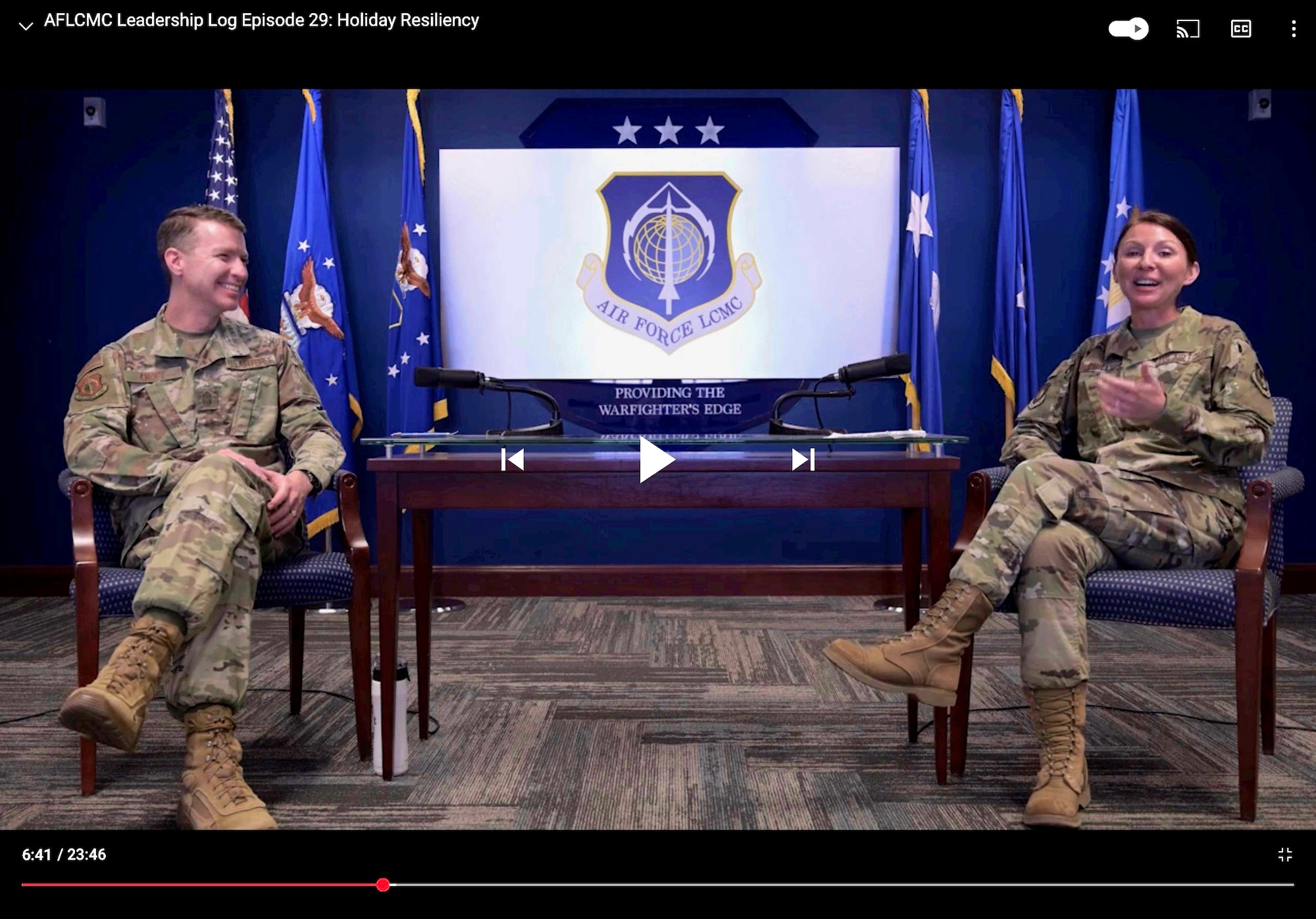 A screenshot of Chief Master Sgt. Troie Croft, AFLCMC Command Chief, and Senior Master Sgt. Elise Phillips, AFLCMC First Sergeant, sitting side by side during a Leadership Log video podcast.