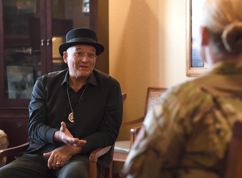 GrayHawk Perkins speaks to Keesler leadership during a recording of a Keesler Confronts video inside the Bay Breeze Event Center at Keesler Air Force Base, Mississippi, Nov. 19, 2020. Perkins visited Keesler to share his story about his life growing up as a Native American in celebration of Native American History Month. (U.S. Air Force photo by Kemberly Groue)