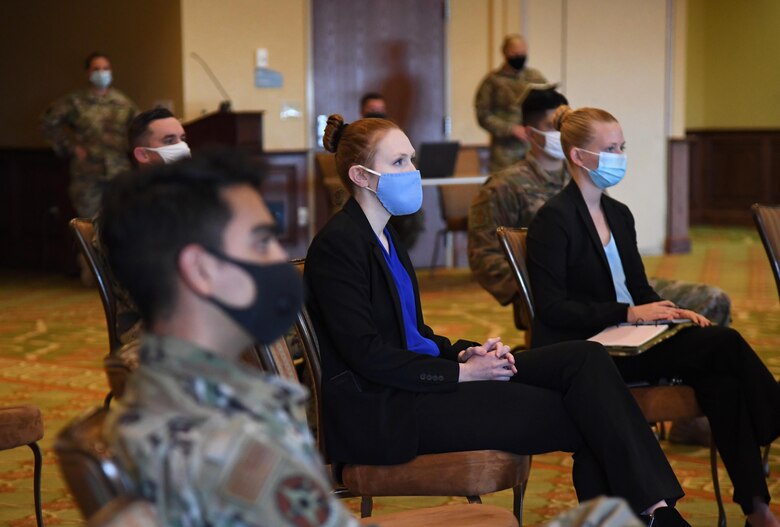 Keesler personnel attend a Native American History Month story telling event inside the Bay Breeze Event Center at Keesler Air Force Base, Mississippi, Nov. 19, 2020. GrayHawk Perkins visited Keesler to share his story about his life growing up as a Native American in celebration of Native American History Month.. (U.S. Air Force photo by Kemberly Groue)