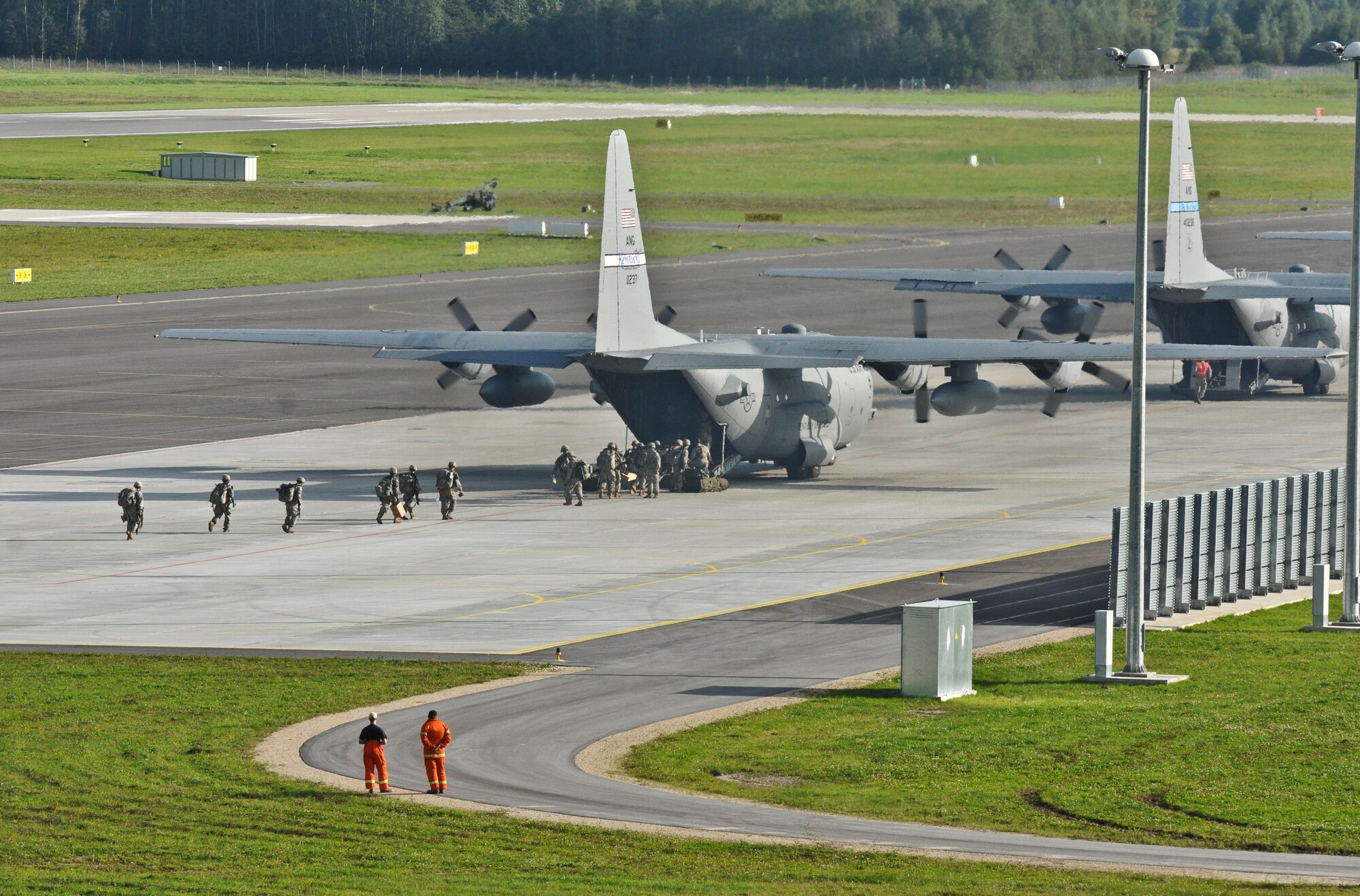 The 12th Combat Aviation Brigade, 173rd Airborne Brigade, 2d Cavalry Regiment and other allied forces conduct airfield seizure training at Lielvarde Airbase, Latvia.