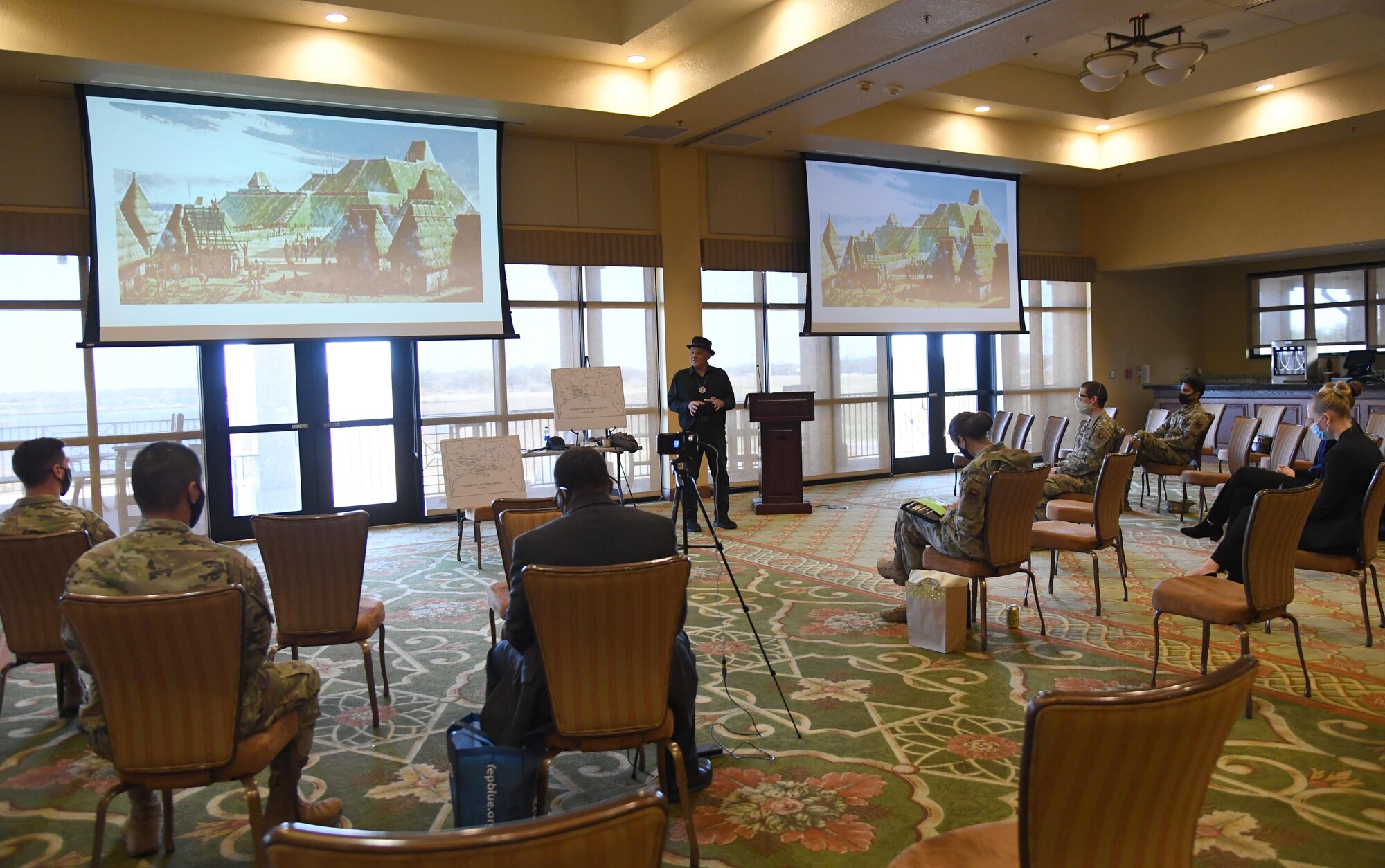 GrayHawk Perkins speaks to Keesler personnel inside the Bay Breeze Event Center at Keesler Air Force Base, Mississippi, Nov. 19, 2020. Perkins visited Keesler to share his story about his life growing up as a Native American in celebration of Native American History Month. (U.S. Air Force photo by Kemberly Groue)