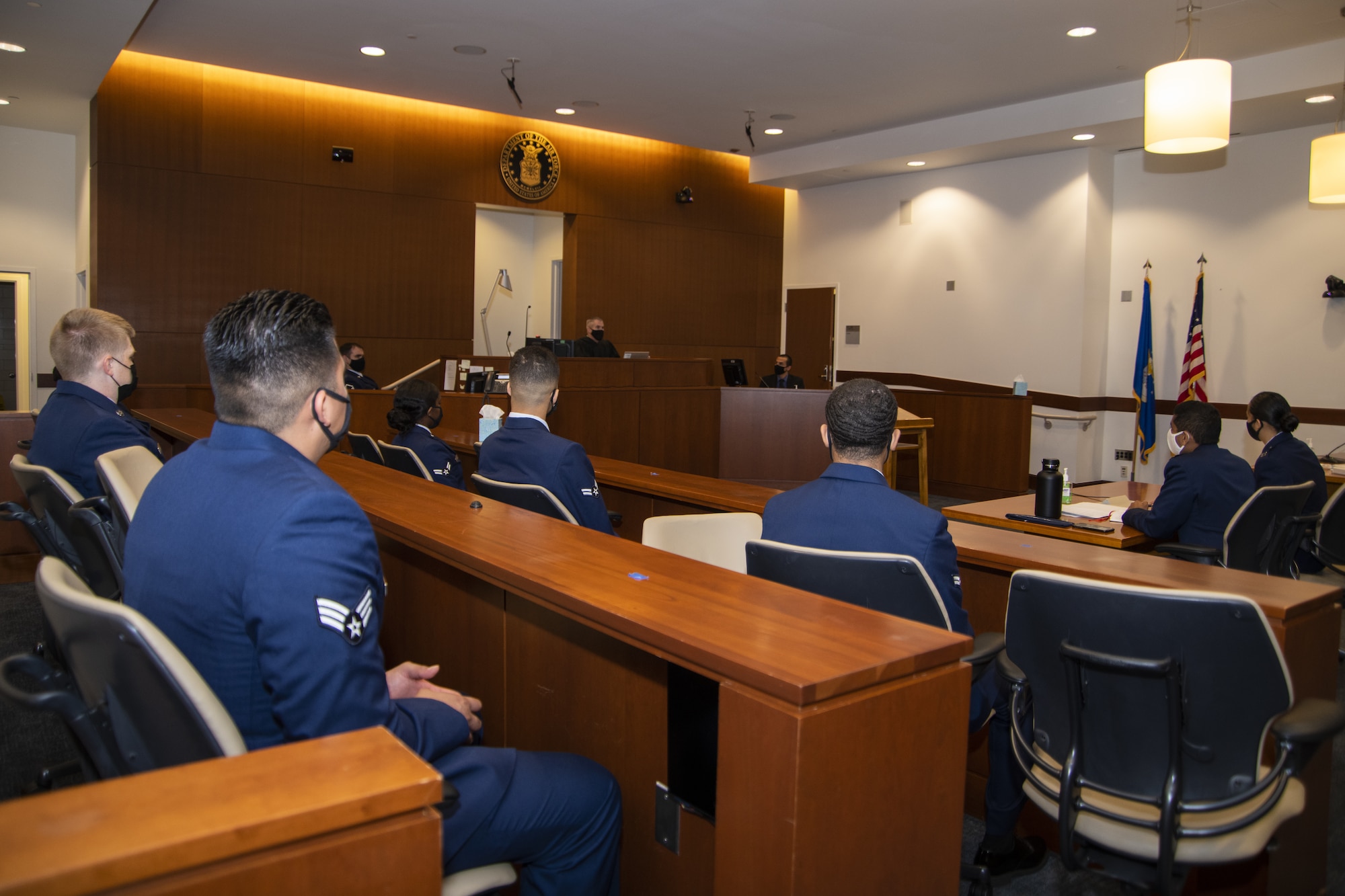 U.S. Air Force service members act as a panel in a mock court martial at Joint Base Andrews, Md., Oct. 30, 2020. The simulated court martial allowed OSI and SFOSI agents to testify and be cross examined in front of a panel.