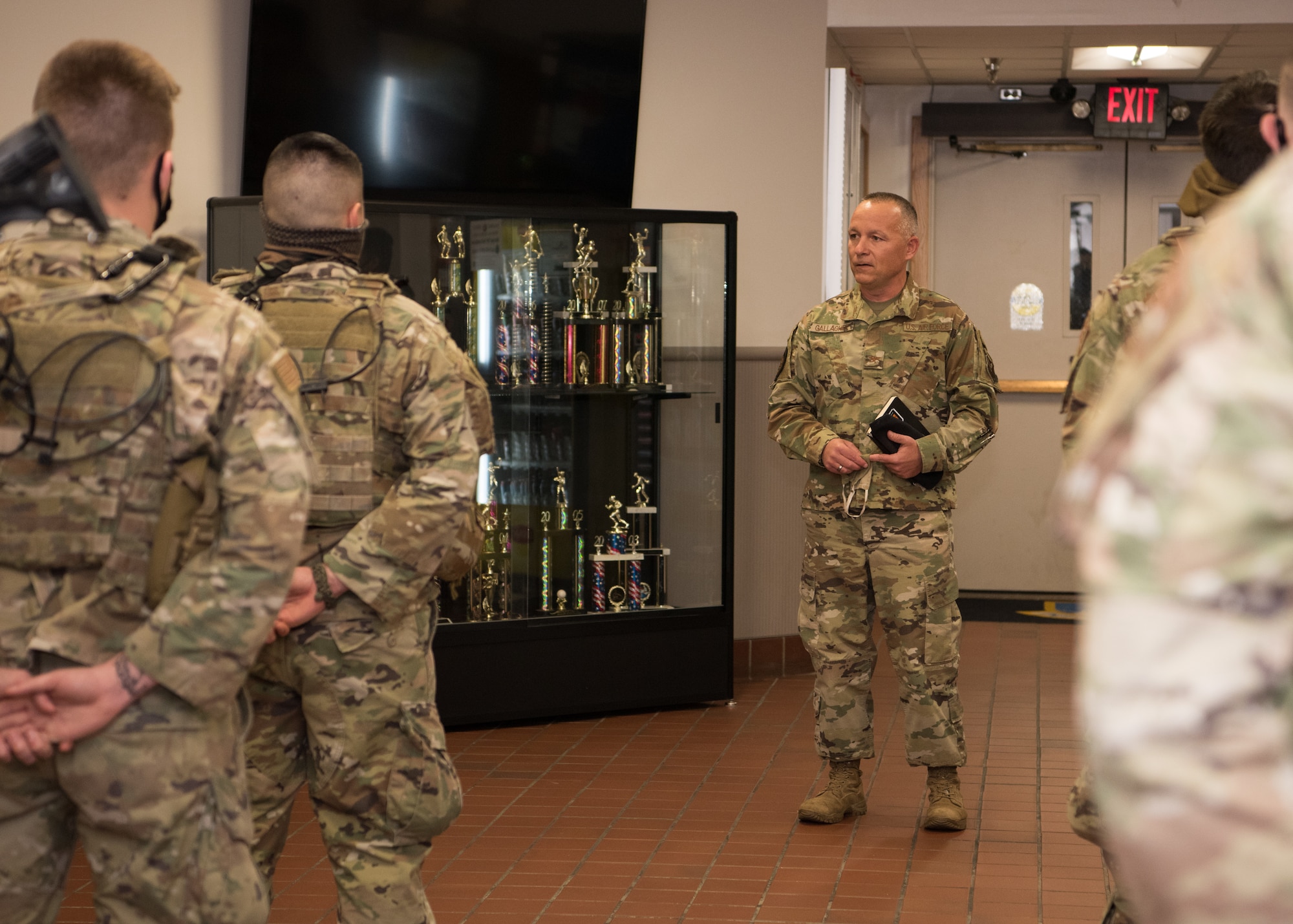 U.S. Air Force Col. Chad Gallagher, Air Force Global Strike Command chief of Security Forces, speaks to Airmen in formation.