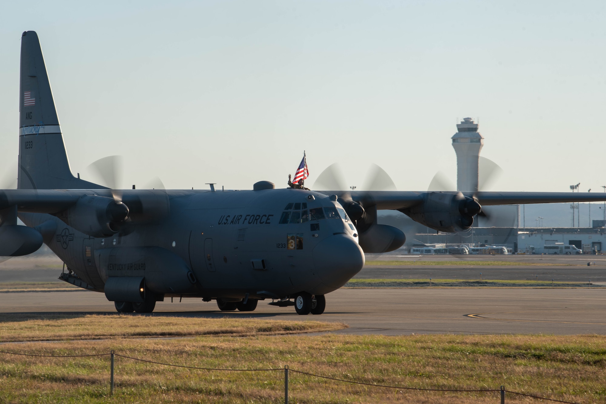 More than 90 Airmen from the Kentucky Air National Guard’s 123rd Airlift Wing return to their home base in Louisville, Ky., on Nov. 18, 2020, after completing a four-month deployment to the Middle East in support of Operations Inherent Resolve and Freedom’s Sentinel. The Airmen, who arrived aboard Kentucky Air Guard C-130 Hercules aircraft, operated from an undisclosed air base while flying troops and cargo across the U.S. Central Command Area of Responsibility. (U.S. Air National Guard photo by Phil Speck)