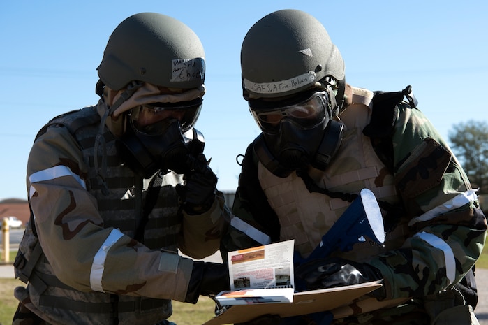 Airmen assigned to the 628th Air Base Wing conduct Post-attack Reconnaissance Team sweeps after a simulated air attack, at McEntire Joint National Guard Base, S.C., Nov. 16, 2020. Palmetto Challenge is a global mobilization exercise held at McEntire Joint National Guard Base, S.C., and Pope Army Airfield, N.C. The exercise is held in order to develop readiness and awareness in a simulated deployed environment for over 100 Airmen from Joint Base Charleston.
