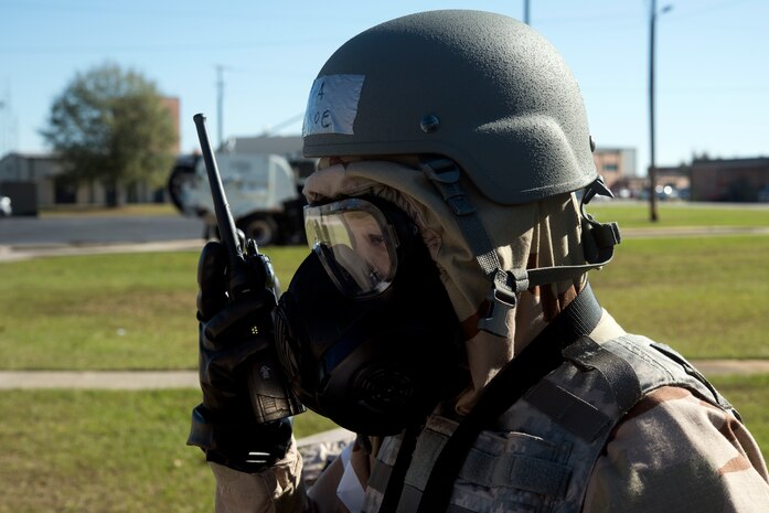 Airmen assigned to the 628th Air Base Wing conduct Post-attack Reconnaissance Team sweeps after a simulated air attack, at McEntire Joint National Guard Base, S.C., Nov. 16, 2020. Palmetto Challenge is a global mobilization exercise held at McEntire Joint National Guard Base, S.C., and Pope Army Airfield, N.C. The exercise is held in order to develop readiness and awareness in a simulated deployed environment for over 100 Airmen from Joint Base Charleston.