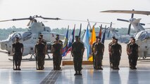Marines and Sailors with Marine Aircraft Group (MAG) 29 participate in a change of command ceremony