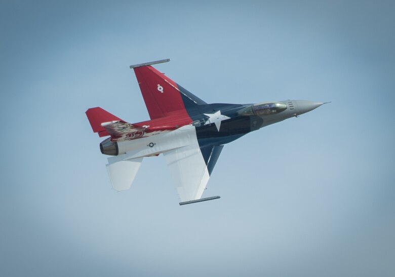 A 457th Fighter Squadron F-16 assigned to the 301st Fighter Wing, U.S. Naval Air Station Joint Reserve Base Fort Worth, Texas, displays its Texas pride here on November 4, 2020. The traditional gray on the nose represents the business end of mission and U.S. service and the red, white and blue is a nod to the great state of Texas. (U.S. Air Force photo by Jeremy Roman)