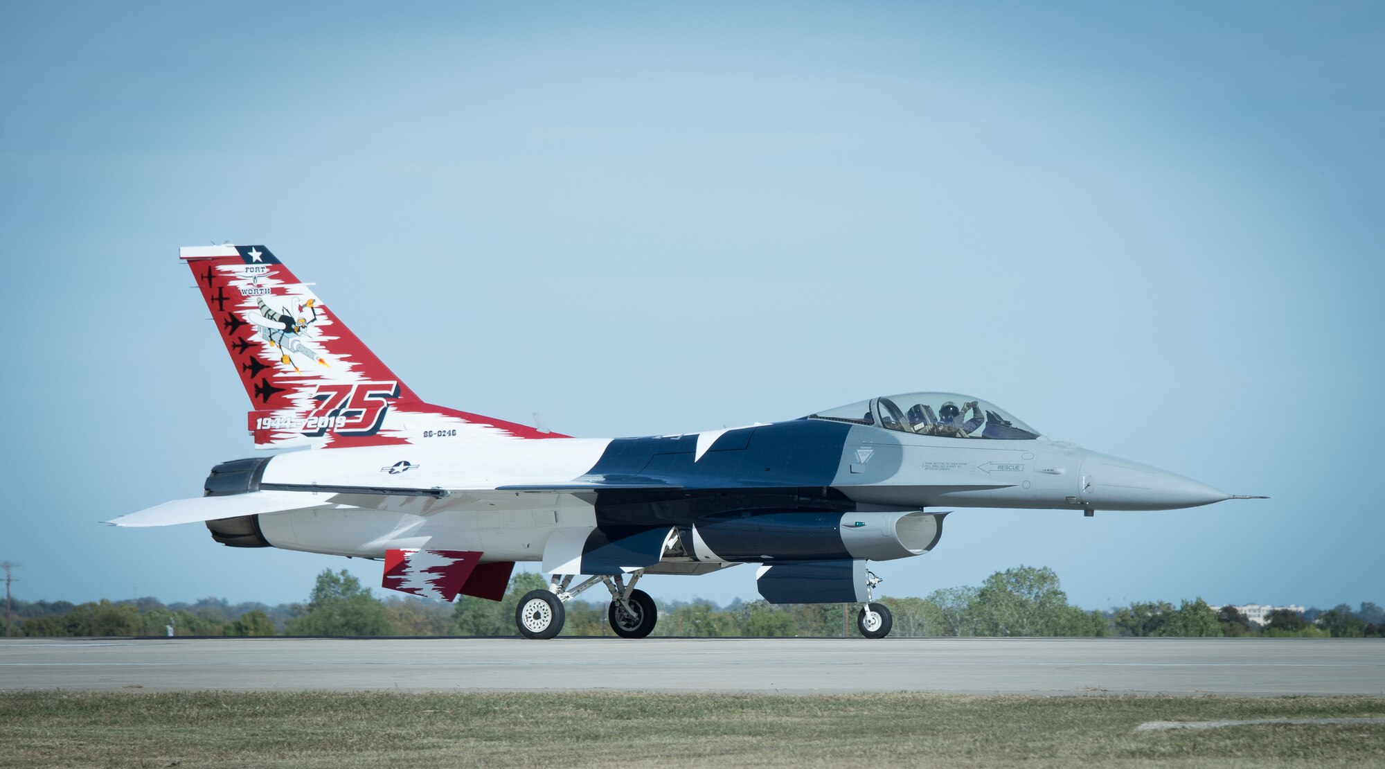 This F-16 arrives fully dressed to U.S. Naval Air Station Joint Reserve Base Fort Worth, Texas on November 4, 2020. The Texas tribute is in appreciation for the support of the community and state. (U.S. Air Force photo by Jeremy Roman)