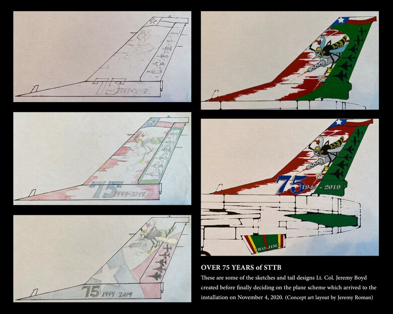 Concept art from Lt. Col. Jeremy Boyd who submitted the winning design for the 457th Fighter Squadron heritage F-16 design. (U.S. Air Force graphic layout by Jeremy Roman)