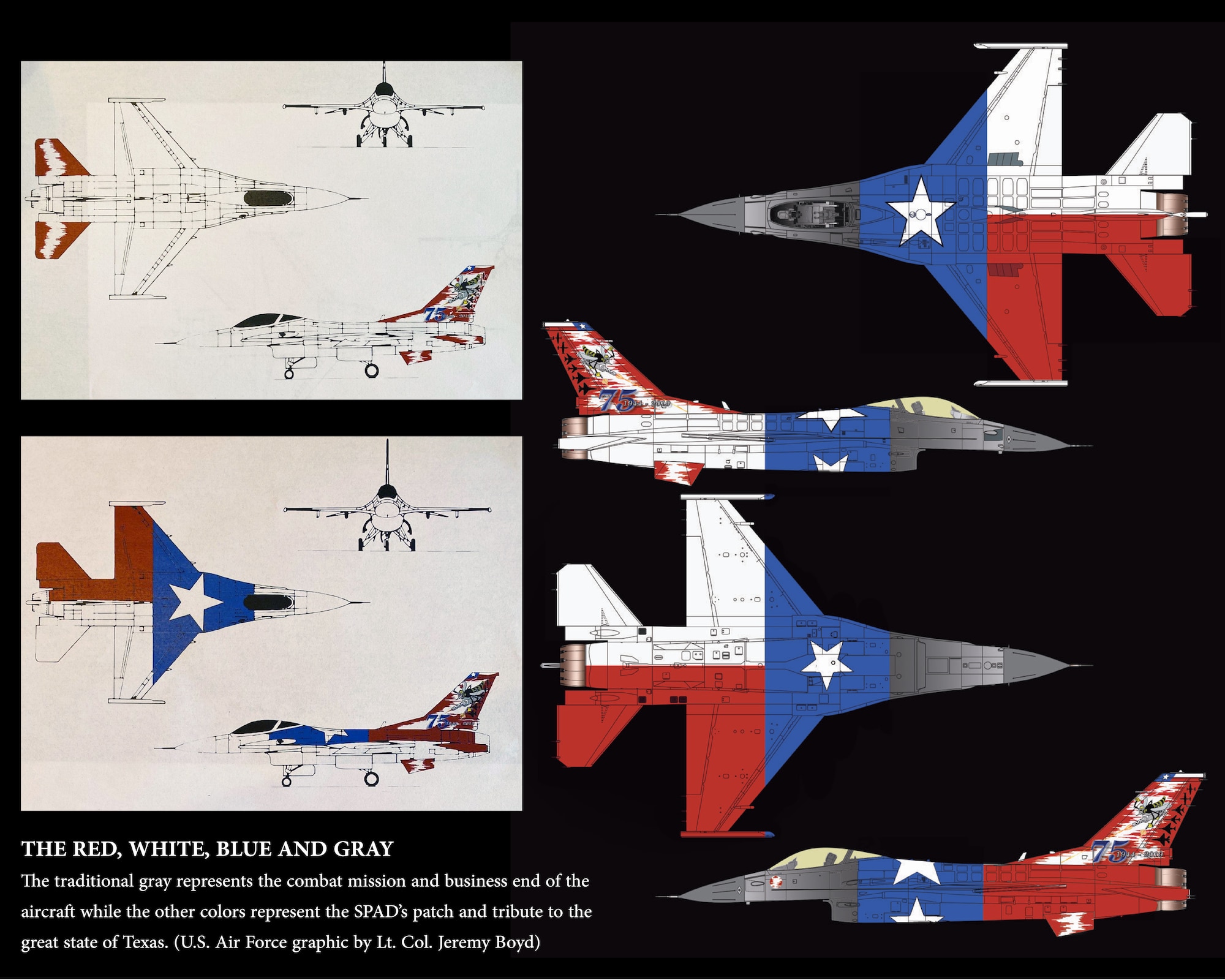 F-16 graphic design ideas by Lt. Col. Jeremy Boyd who turned in the winning submission to commemorate the 75th anniversary of the 457th Fighter Squadron assigned to U.S. Naval Air Station Joint Reserve Base Fort Worth, Texas. (U.S. Air Force graphic layout by Jeremy Roman)