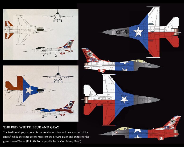 F-16 graphic design ideas by Lt. Col. Jeremy Boyd who turned in the winning submission to commemorate the 75th anniversary of the 457th Fighter Squadron assigned to U.S. Naval Air Station Joint Reserve Base Fort Worth, Texas. (U.S. Air Force graphic layout by Jeremy Roman)