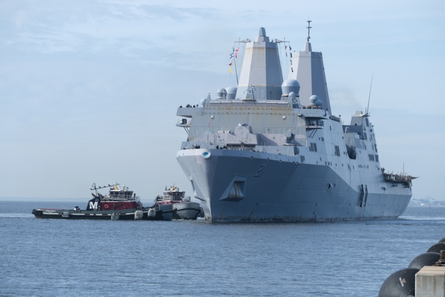 NORFOLK, Va. (Nov. 22, 2020) The San Antonio-class amphibious transport dock USS New York (LPD 21) arrives at Naval Station Norfolk, Nov. 22, 2020 concluding the ship’s homeport shift from Mayport, Florida to Virginia. The arrival of New York is part of a series of planned homeport shifts set to occur over the next few years, which will consolidate Mayport based amphibious ships in the Hampton Roads area in exchange for increasing the number of guided-missile destroyers in the Mayport area. (U.S. Navy photo by Mass Communication Specialist 1st Class Joshua D. Sheppard)