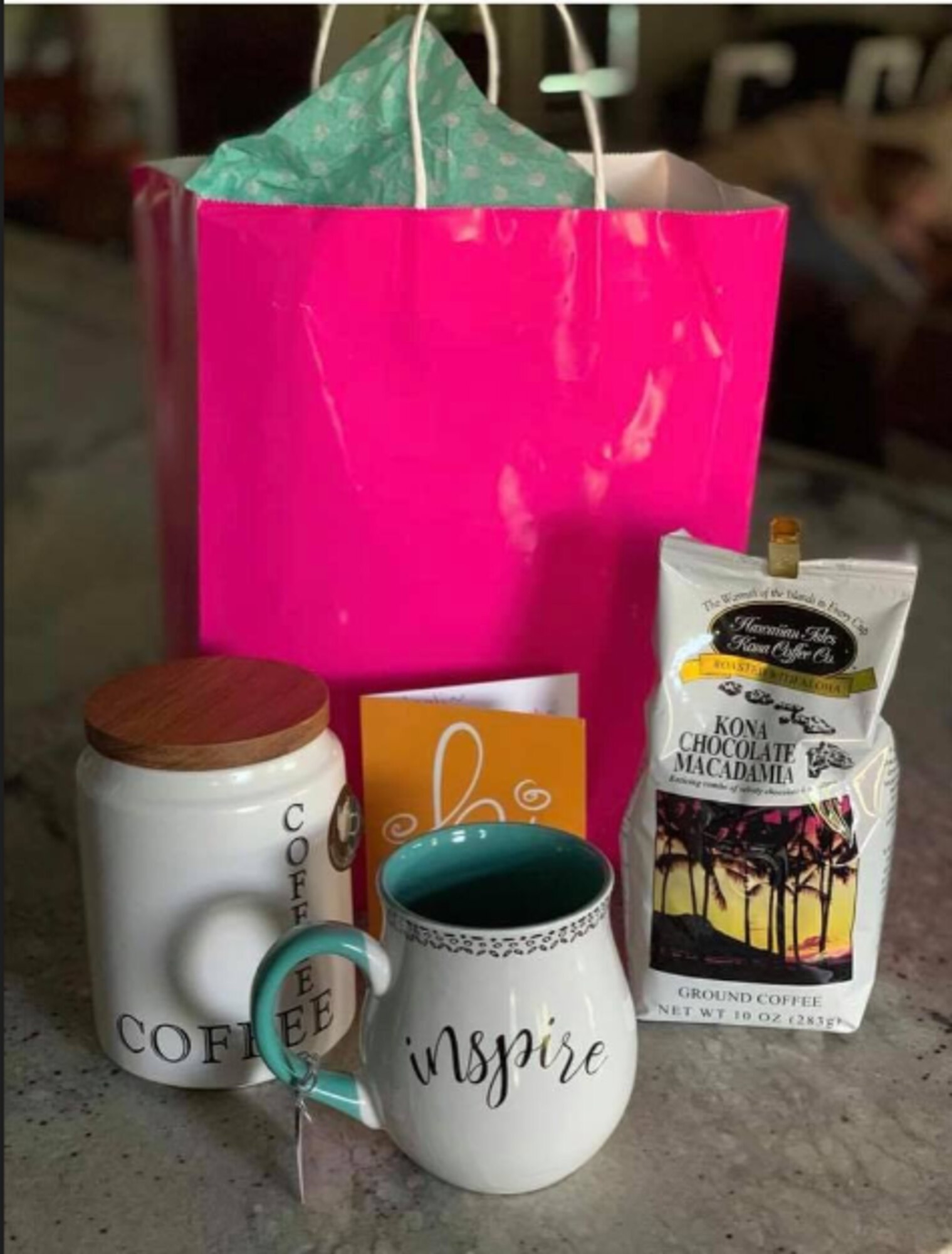 A present sits on a counter.